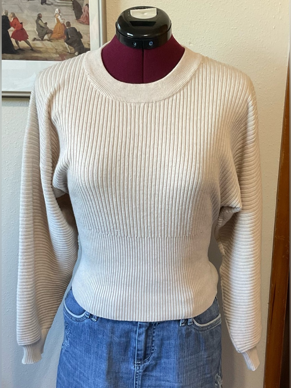Cream Ribbed Knit Balloon Sleeve Sweater